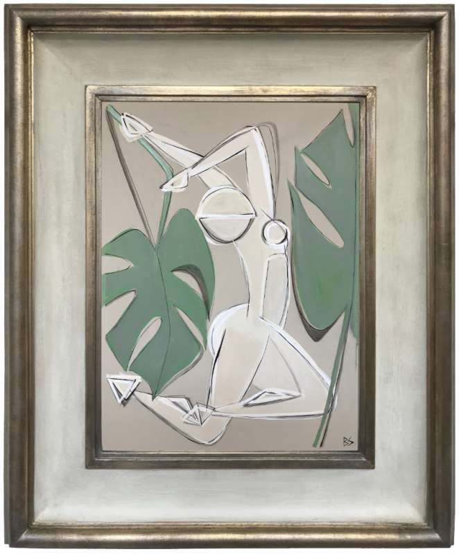 ‘Philodendron Dancing Muse’ Acrylic and Gouache on Board in Cream & Gold Finish Wooden Frame
