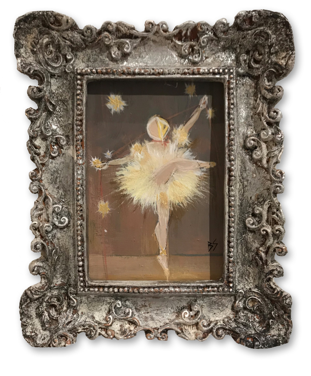 MINIATURE Starry Ballerina Oil & Acrylic on Board in Ornate Silver Gilt Frame
