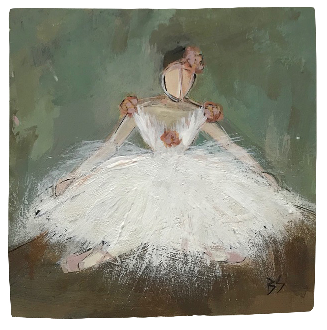 MINIATURE 'Sitting Rose Ballerina’ Gouache & Acrylic on Board In Square Silver Leaf with Antique Finish Cushion Frame