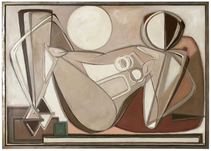 'Luna Muse with Star' Oil & Acrylic in Silver Leaf with Antique Bronze Finish Shadow-Gap Tray Frame