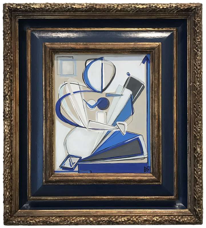 ‘Blue Belle Muse’ Left Study Oil & Acrylic on Board in Victorian Antique Navy Lacquer Box Frame with Water Gilt Gold Inner Slip