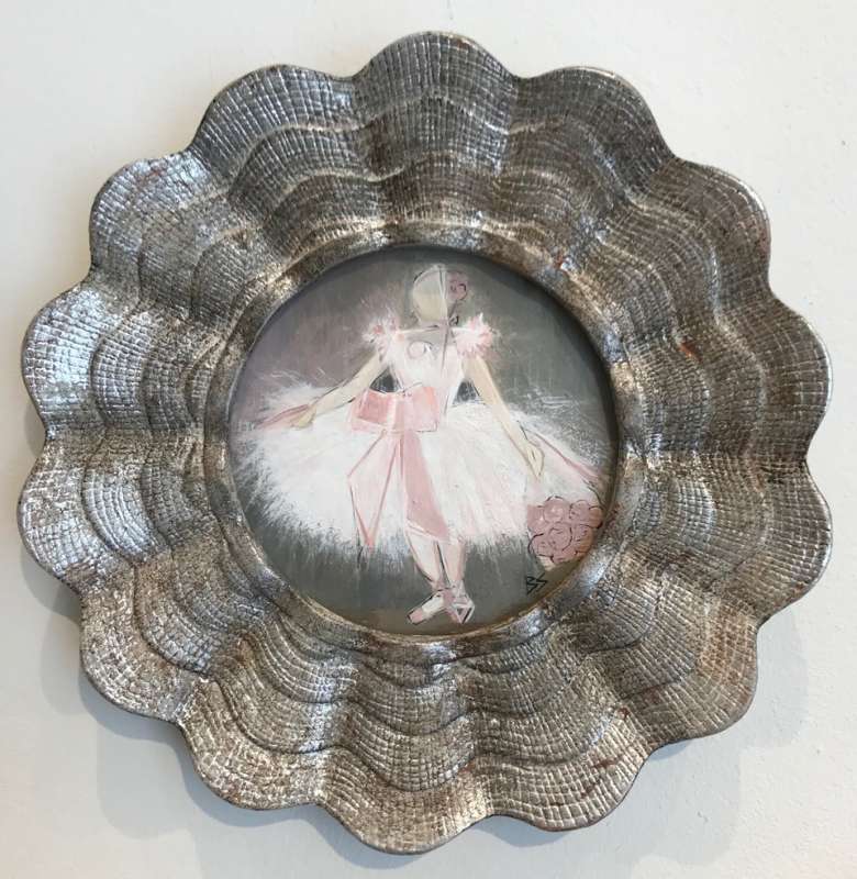 MINIATURE 'Pink Rose Standing Ovation’ Gouache & Acrylic on Board In Silver Leaf with Antique Finish Circular Shell Frame