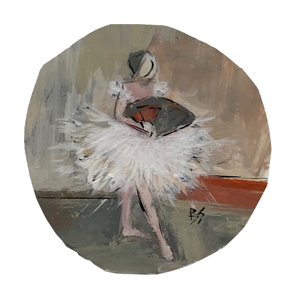 MINIATURE 'Ballerina With Red Fan’ Gouache & Acrylic on Board In Antique Victorian Silver Leaf with Antique Finish Circular Frame