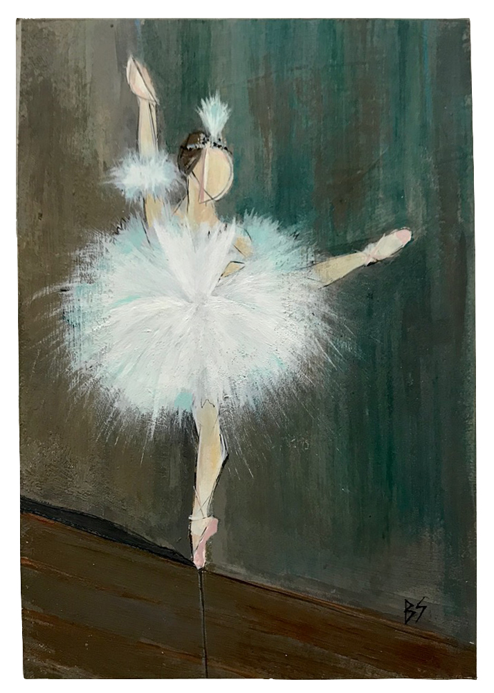 MINIATURE ‘Giselle’ Gouache & Acrylic on Board In Silver Leaf with Antique Finish Fluted Wooden Frame