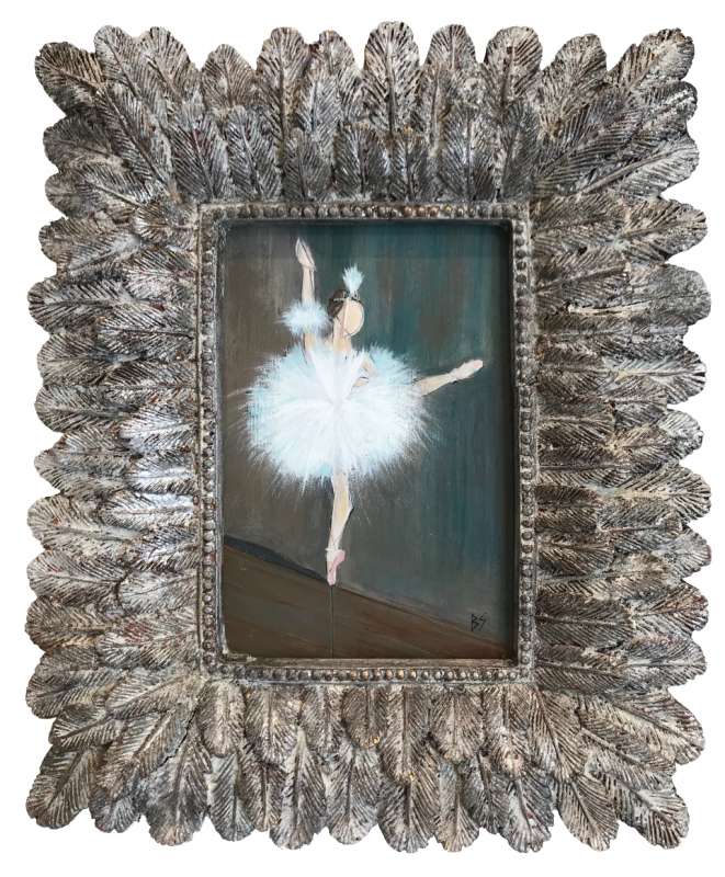 MINIATURE ‘Giselle’ Gouache & Acrylic on Board In Silver Leaf with Antique Finish Fluted Wooden Frame