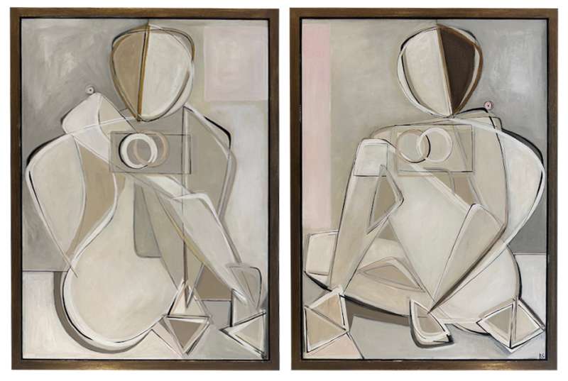 PAIR 'Sitting Blonde & Brunette with Rose Quartz ‘o' Oil & Acrylic on Board in Antique Brass/Bronze Finish Shadow-Gap Tray Frames