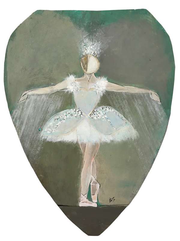 MINIATURE ’Swan Queen’ Gouache & Acrylic on Board In Ornate Silver Leaf with Antique Finish Ornate Feather Frame