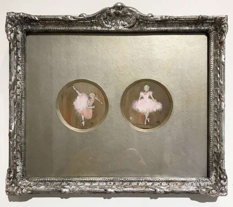 MINIATURE PAIR ’Pink Fancies’ Gouache & Acrylic on Board In Victorian Antique Carved Wood Duo Frame in Sliver Leaf with Antique Finish