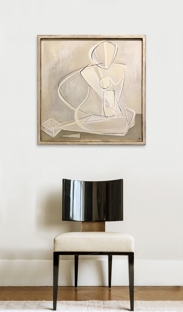 ‘White Cake Sitting Muse’ Oil, Acrylic & Gouache on Board in Bespoke Polished Plaster & Gold Leaf with Bronze Finish Wooden Frame