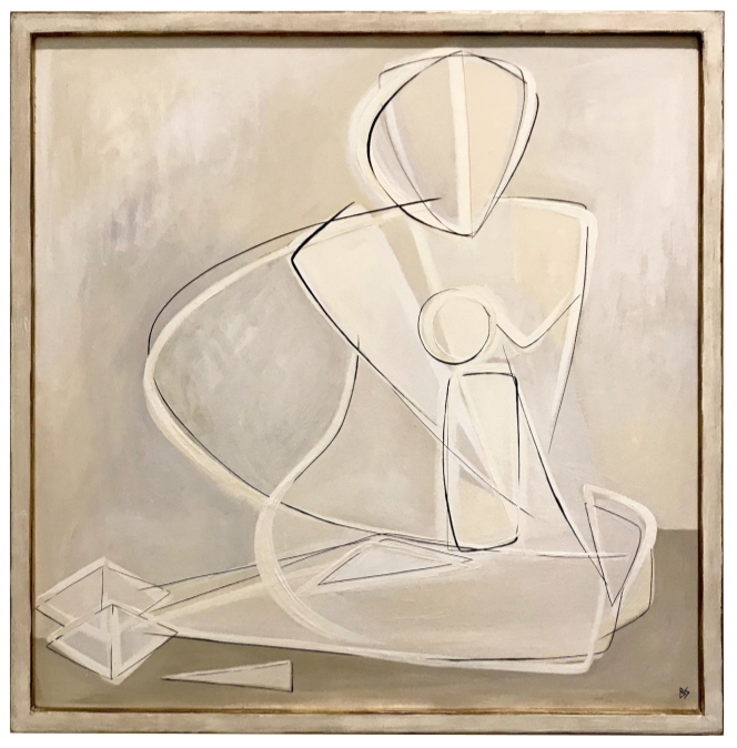 ‘White Cake Sitting Muse’ Oil, Acrylic & Gouache on Board in Bespoke Polished Plaster & Gold Leaf with Bronze Finish Wooden Frame