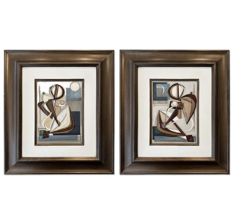 PAIR ‘Harvest Moon Muse’ Left Study & ‘New Moon Muse’ Right Study Oil & Acrylic In Bespoke Bronze Finish and Polished Plaster Frames