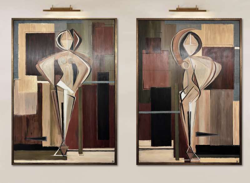 PAIR ‘Garnet Standing Muse’ & ‘Tourmaline Dancing Muse’ Oil & Acrylic in Gold Leaf with Bronze finish Shadow-Gap Tray Frame