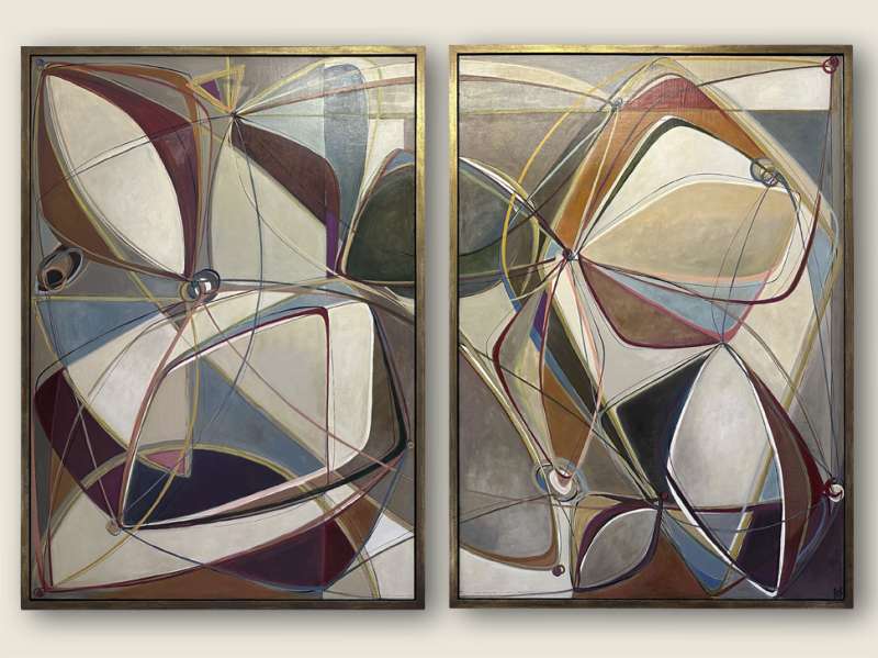 PAIR ‘String Theory Symphony’ Oil & Acrylic on Board in Antique Gold Finish Shadow-Gap Tray Frames