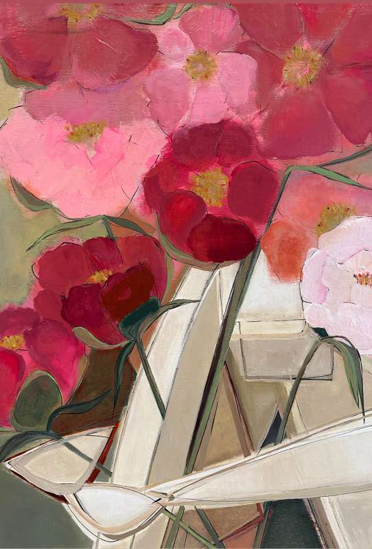 ‘Sitting Brunette Muse with Peonies’  Oil & Acrylic in Gold Leaf with Bronze Finish Shadow-Gap Tray Frame