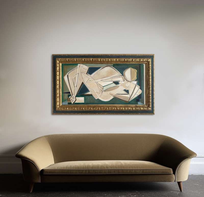 ‘Victory Reclining Holding Jade Stone’ Oil & Acrylic in 18th Century Italian Carved Wood Frame with Original Paint Finish and Gold Leaf