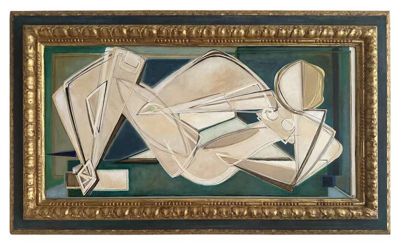 ‘Victory Reclining Holding Jade Stone’ Oil & Acrylic in 18th Century Italian Carved Wood Frame with Original Paint Finish and Gold Leaf