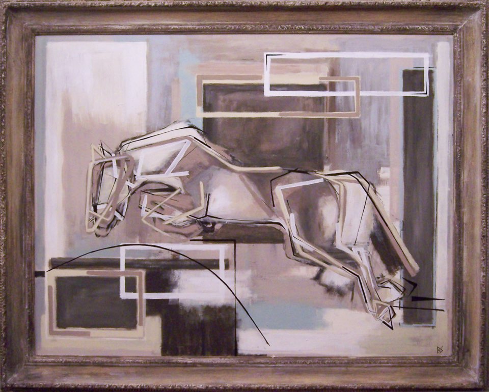 'Jumping Horse in Blue' Oil & Acryllic on Board in Antique Silver Frame