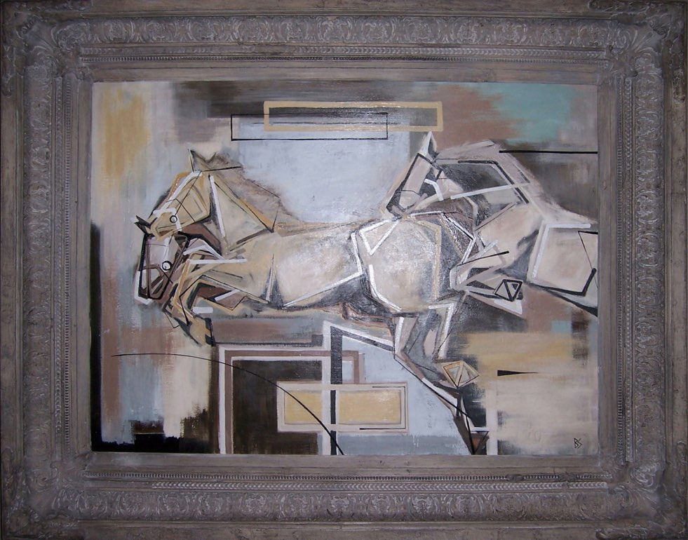 'Racing Horses' Oil and acrylic on board in antique frame