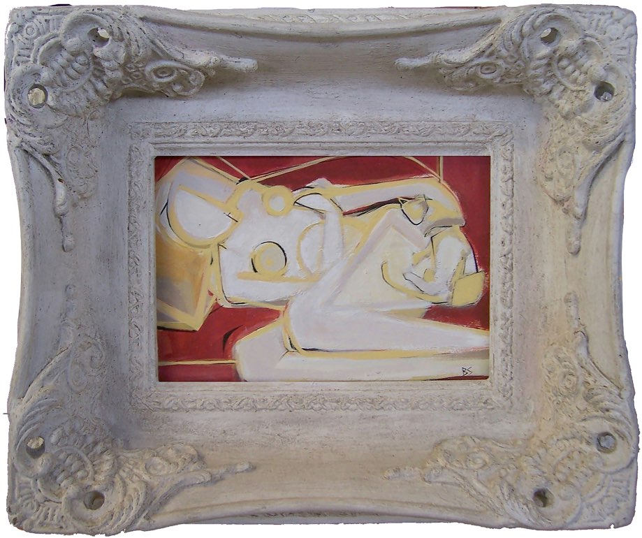 'Muse and Pussycat' Oil/Acryllic on Board in Modern Frame