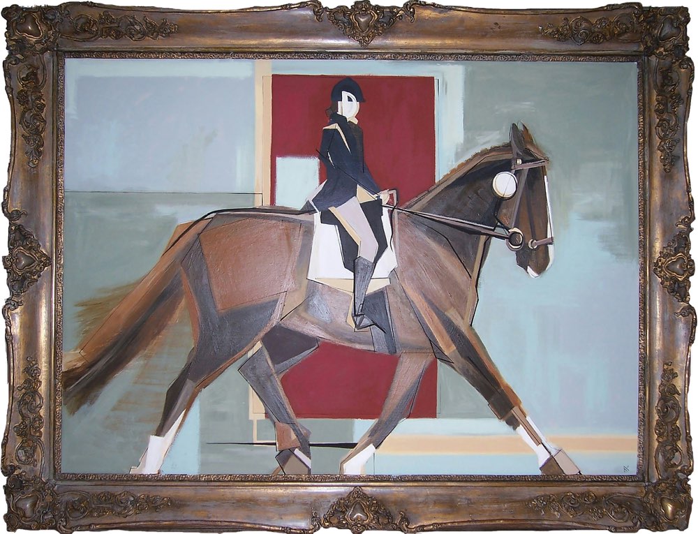 Commission 'Belinda riding  Kiara' Oil/Acryllic on Board in Antique Frame