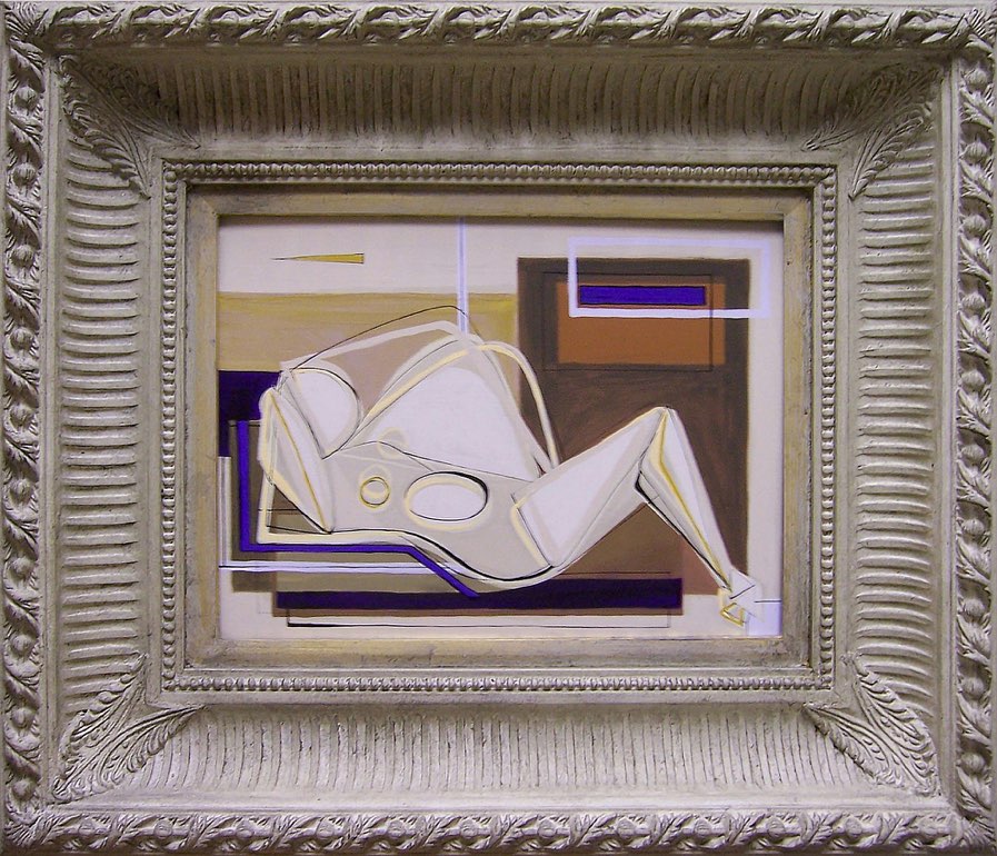 'Reclining Woman in Purple' Left Study Oil and Acryllic on Board in Modern Box Frame