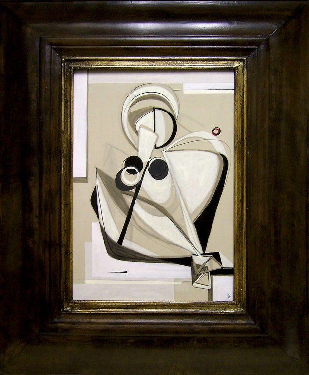 'Abstract Kneeling Woman' Oil and Acryllic on Board in Modern Frame