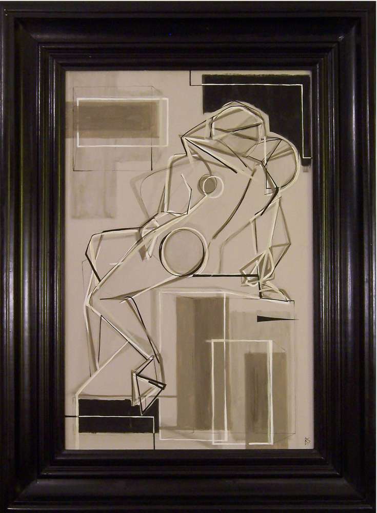 'The Kiss' Right Study Gouache on Board under glass in Black Lacquered Frame