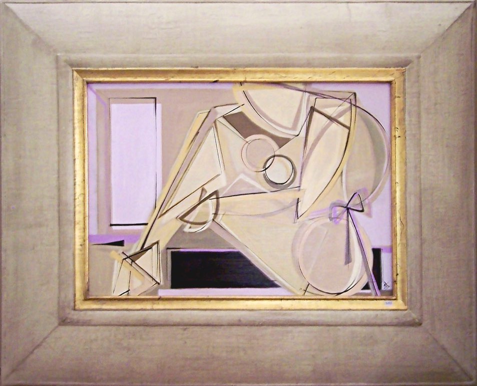 'Giftwrapped in Pink Bow' Oil and Acrylic on Board in Cream and Gold Frame