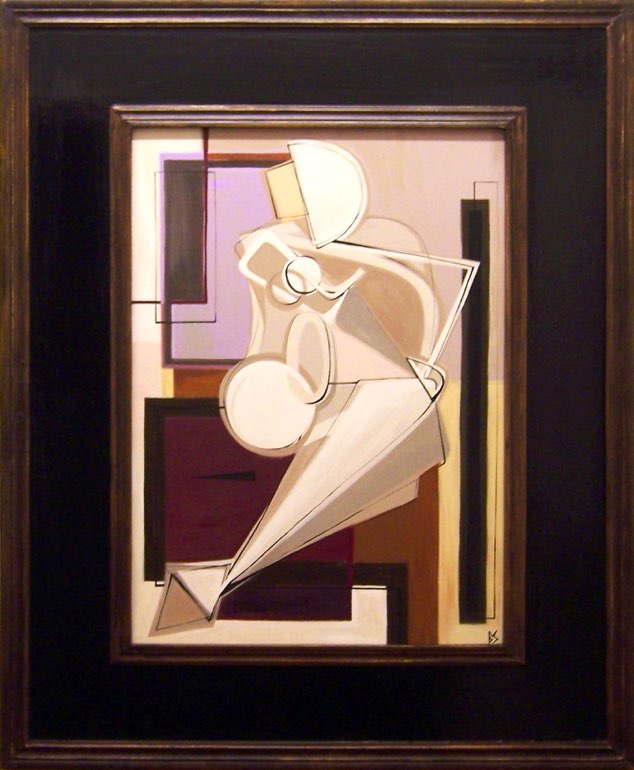 'Seated Blonde' Left Study Oil and Acrylic on Board in Modern Black Laquer and & Gilt Frame