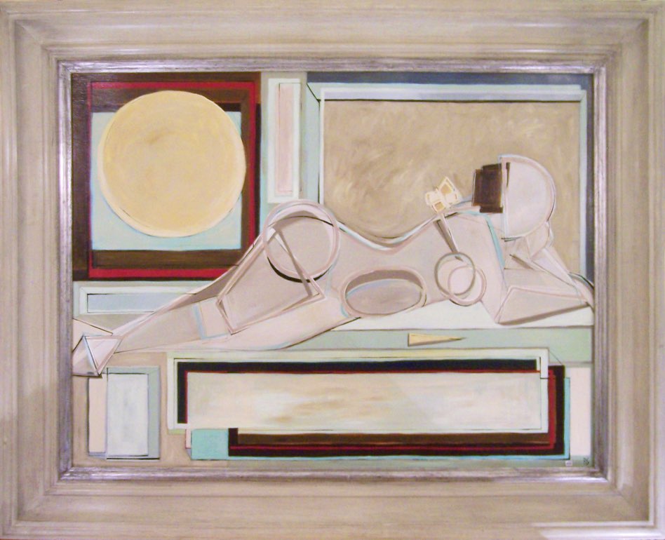 'Brunette Sunbather with Yellow Butterfly' Oil & Acrylic on Board in Modern Painted & Silver Gilt Frame