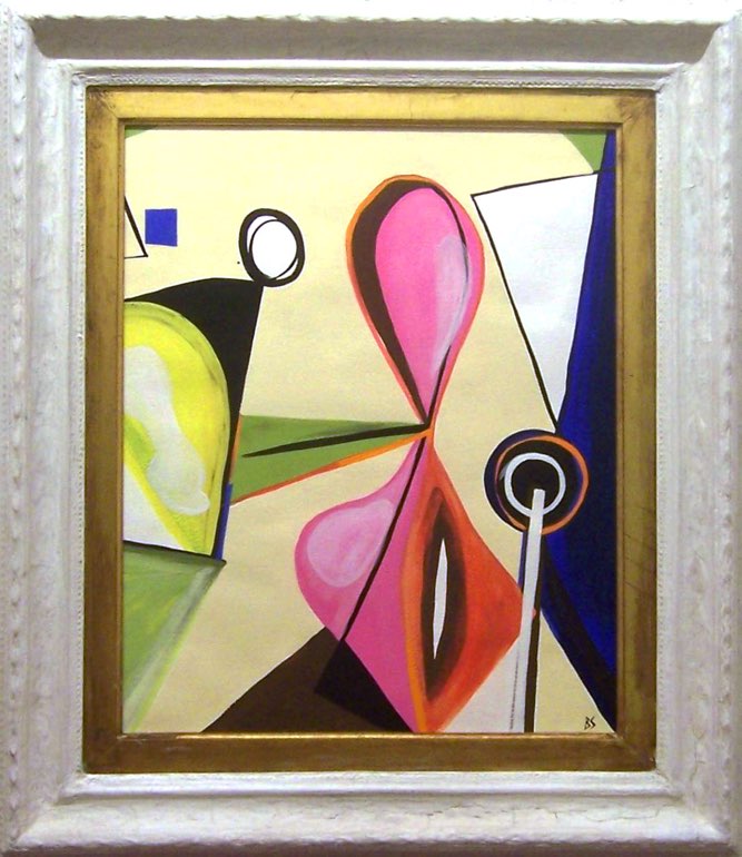 'Abstract in Bright Colours' Gouache on Paper in Antique Gesso Frame