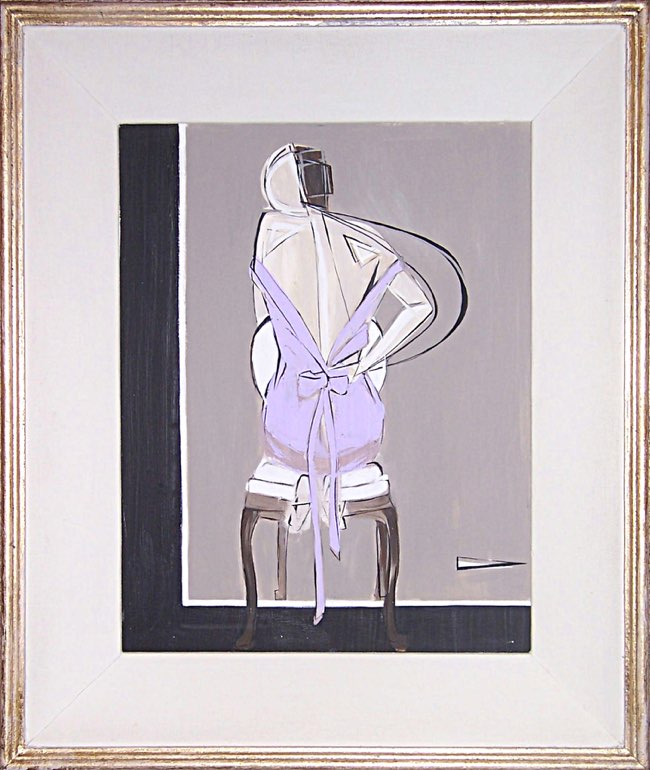 'Unzipping Pink Dress' Oil & Acrylic on Board in 1950s Cream & Gold Frame