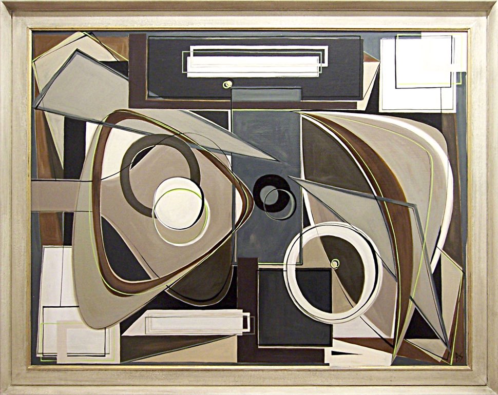 'Abstract Organic Shapes in Sienna' Gouache & Acrylic on Board in Bespoke Wooden Cream & Gold Leaf Frame