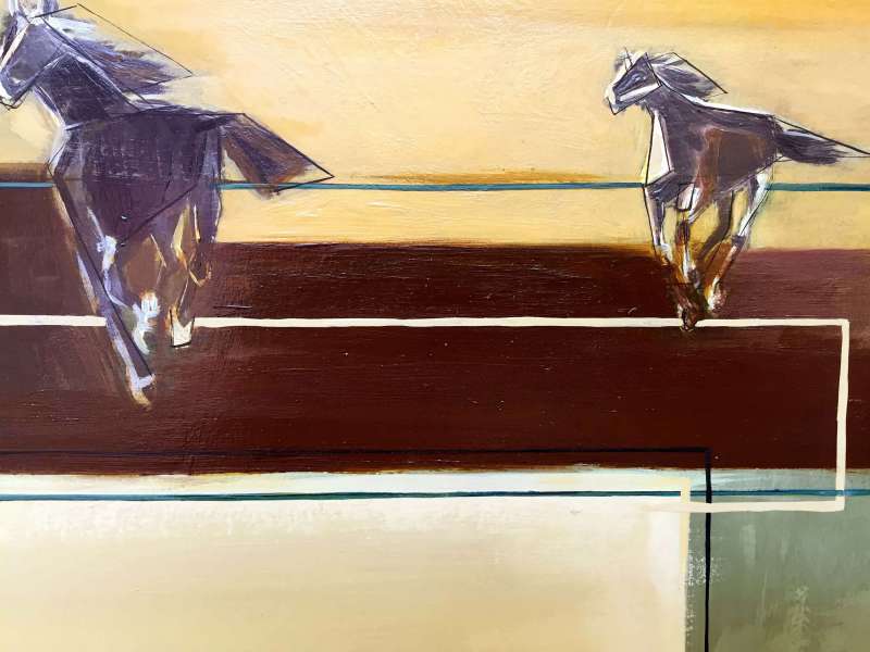 'Three Horses' Oil & Acrylic on Board in Swept Gold Frame