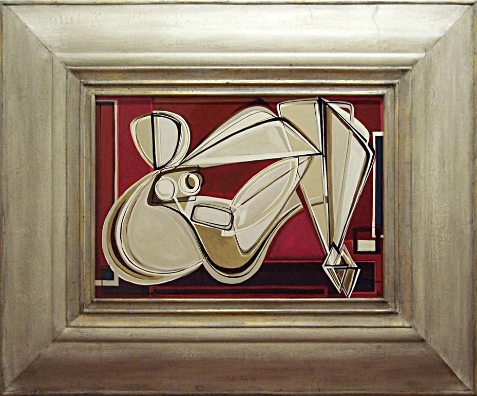 'Reclining Nude in Red Room' Oil & Acrylic on Board in Modern Cream and Gold Cushion Frame