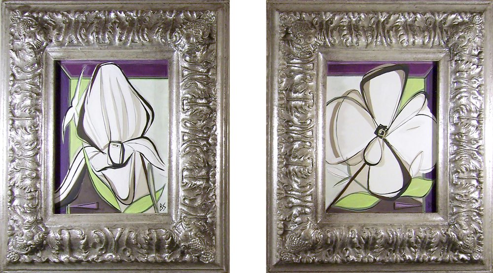 PAIR 'Study of Magnolia and Orchid', Oil & Acrylic on Board in Silver Gilt Foliate Frame