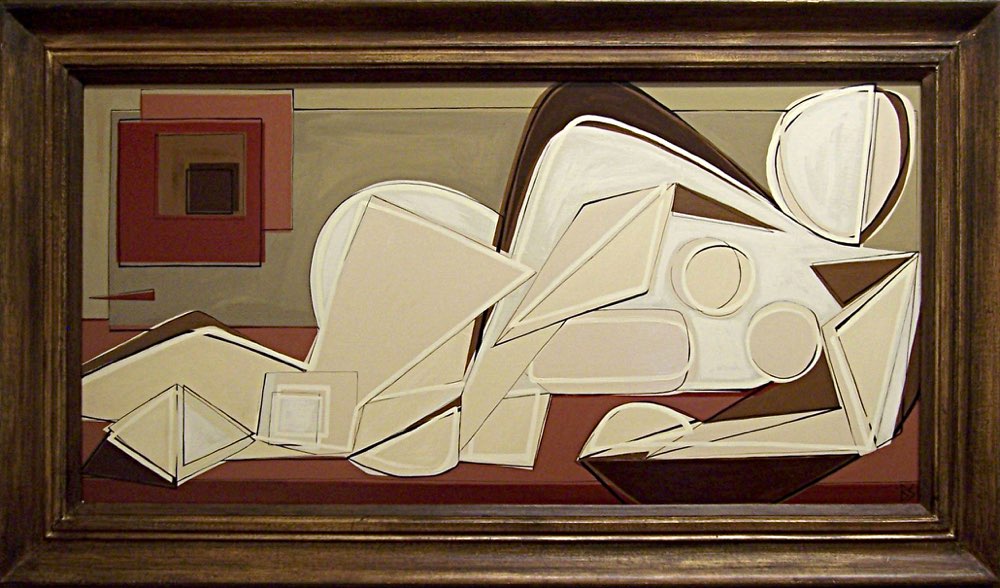 'Reclining Nude on Red Earth' Oil & Acrylic on Board in 1960s Gold & Bronze Frame