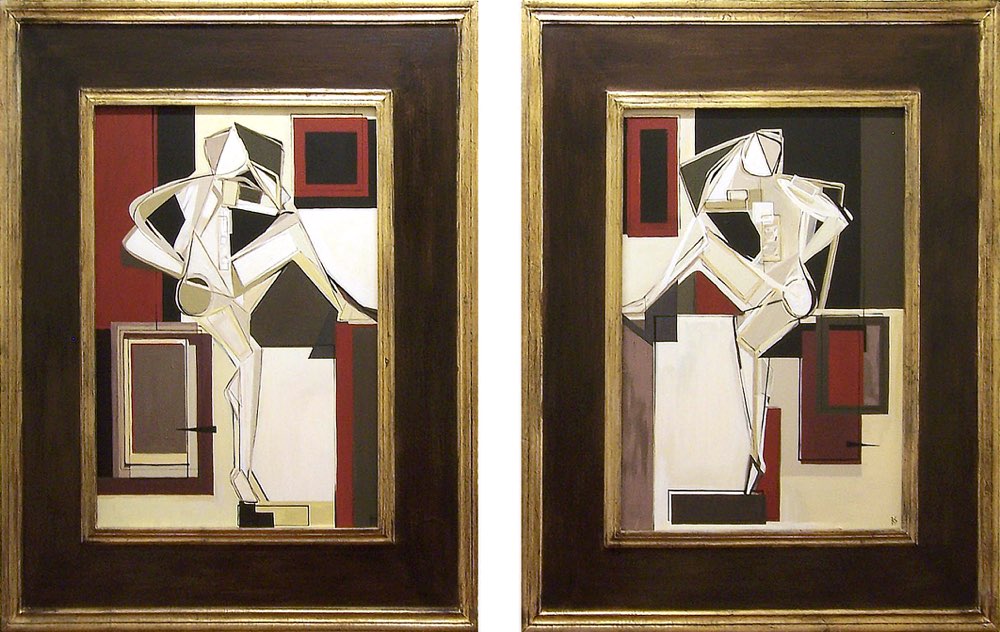 PAIR 'Male Left and Right Study' Oil & Acrylic on Board in Modern Frame in Bronze & Gold Finish