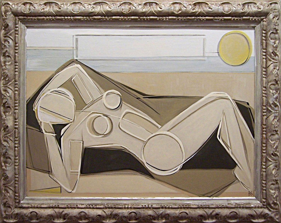 'Sunbathing' Oil & Acrylic on Board in Ornate Antique Frame in Cream & Silver Gilt Finish