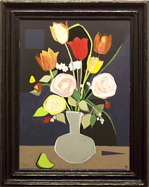 'Favorite Bunch' Oil & Acrylic on Board in Anitique Black Lacquered Wooden Frame