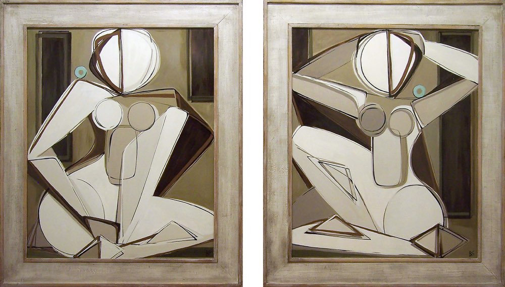 PAIR 'Goldine with Jade O' Oil & Acrylic on Board in Cream & Gold Frames