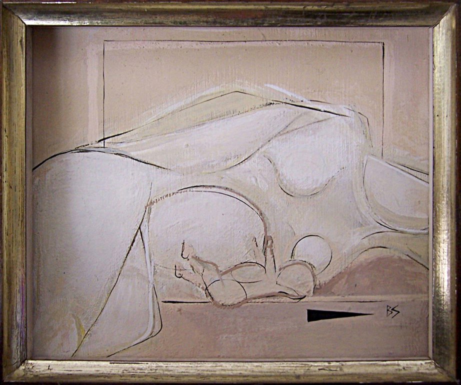 'Mother and Baby Girl' Goauche on Board 1950s Cream & Gold frame