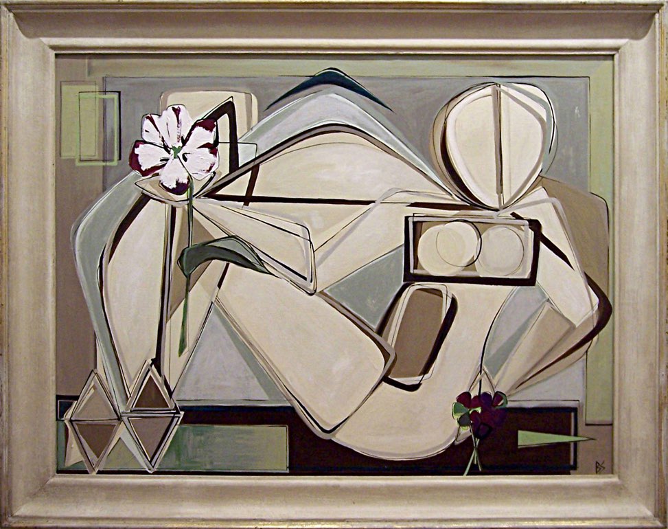 'Reclining Nude with Spring Flowers' Oil & Acrylic on Board in Antique Cream & Gold Wooden Frame