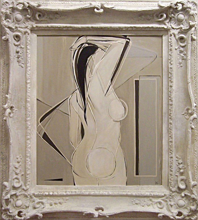 'Stretching Nude' Oil & Acrylic on Canvas in Carved Wooden Stone Effect Frame