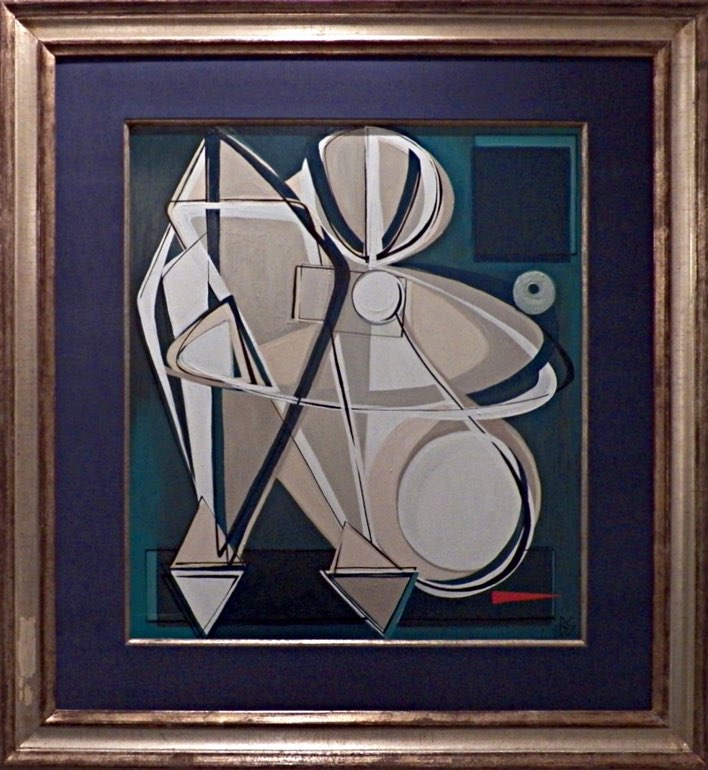 'Blue Nude with Jade' Oil & Acrylic on Board in Antique Silver Gilt Wooden Frame