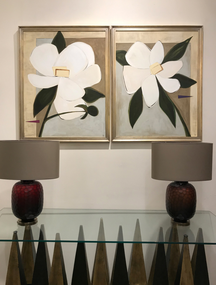 PAIR 'Magnolias' Left & Right Study, Oil & Acrylic on Board in Gold Leaf with Silver Finish Frames