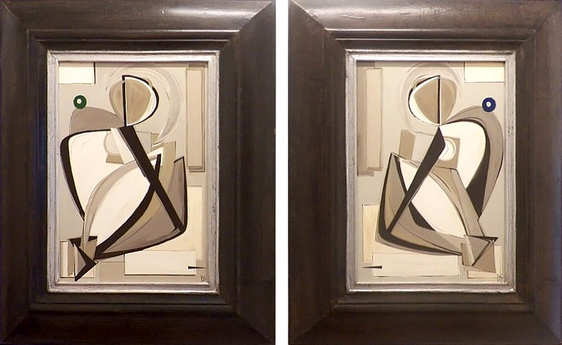 PAIR 'Seated Nudes with Emerald and Sapphire O' Oil & Acrylic on Board in Bronze Finish Cushion Frames