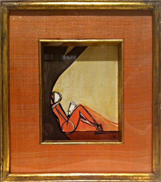 'Pretty Peach Reading' Oil & Acrylic on Board in 1950s Gilt & Silk Frame