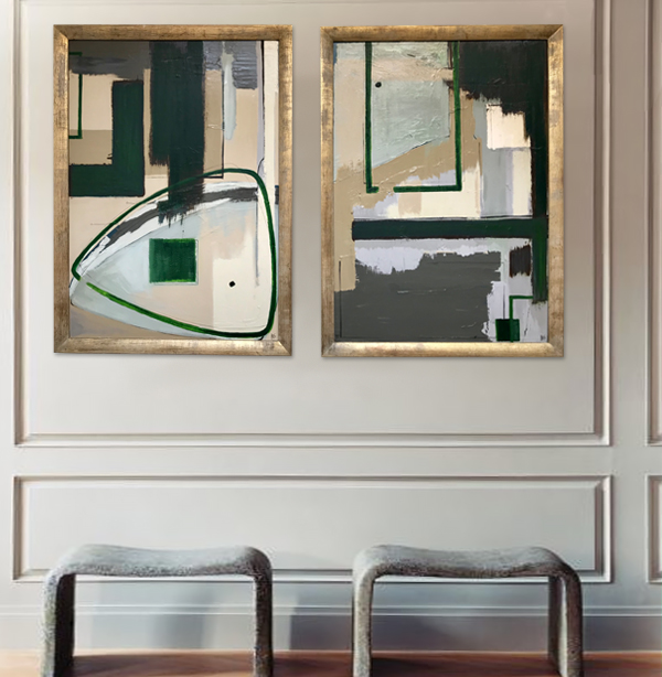 PAIR 'Emerald Marsh’ 'High Tide' & 'Low Tide' Left and Right Study Oil & Acrylic on Board in Gold Gilt Frames