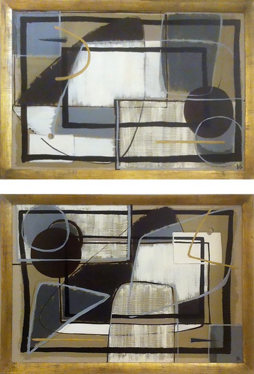 PAIR 'Acoustic Forms', Oil & Acrylic on Board in Gold Gilt Frames
